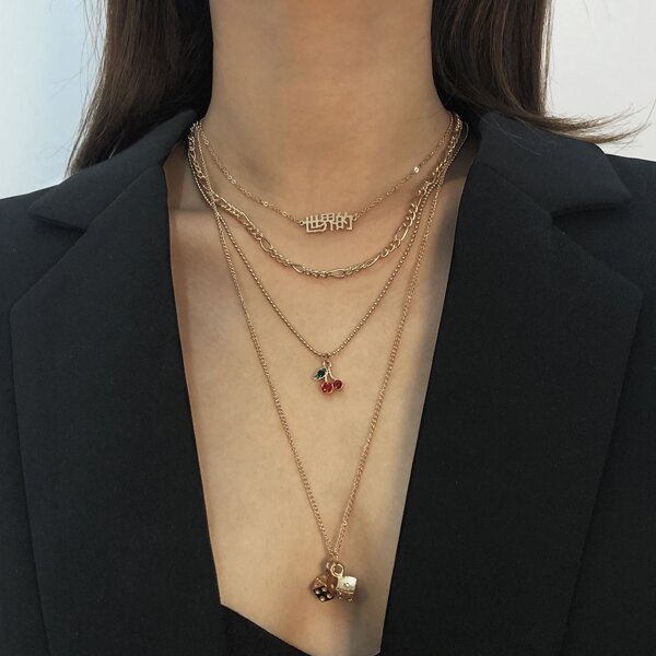 

4pcs Dice Charm Necklace, Gold