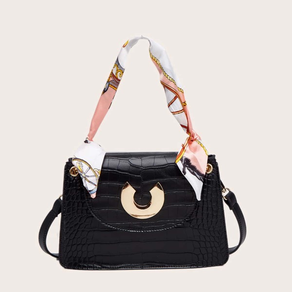 

Twilly Scarf Decor Croc Embossed Satchel Bag, Black