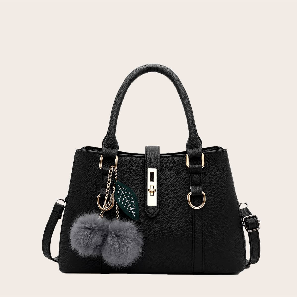 

Pom Pom Decor Twist Lock Tote Bag, Black