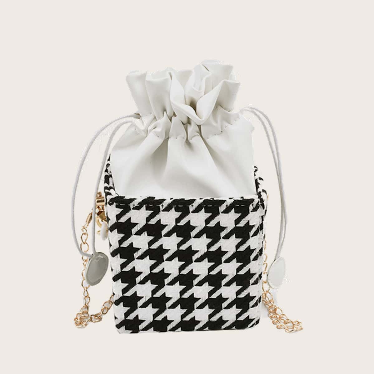 

Houndstooth Drawstring Bucket bag, Black and white