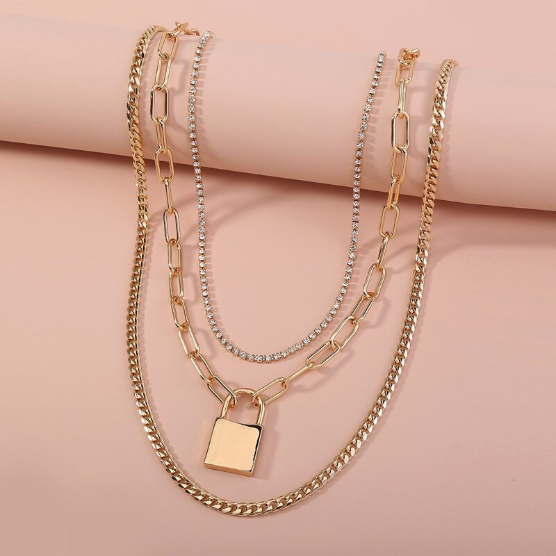 

3pcs Rhinestone Decor Lock Charm Necklace, Gold