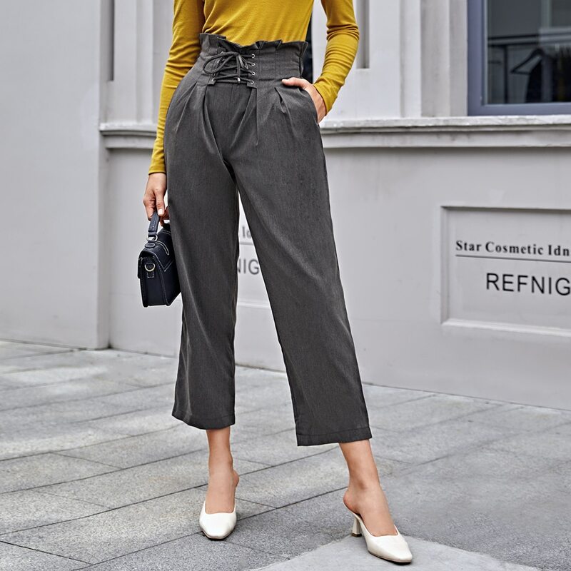 

Corset Paperbag Waist Crop Pants, Dark grey