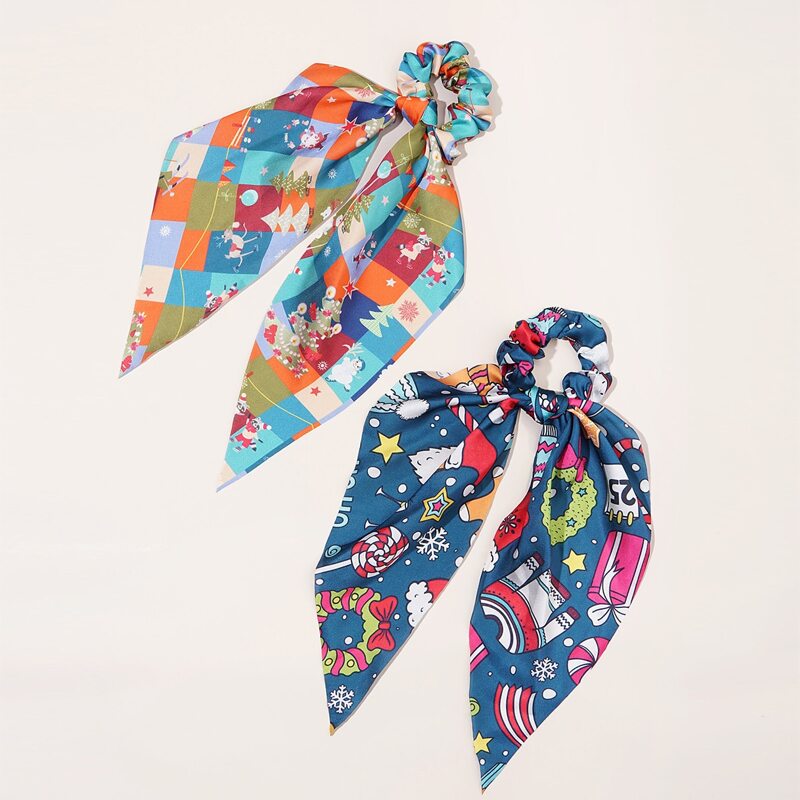 

2pcs Christmas Pattern Scrunchie Scarf, Multicolor