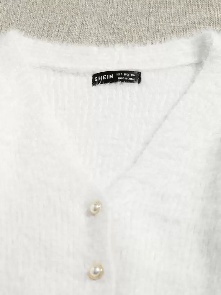 SHEIN Unity Faux Pearl Button Up Fuzzy Cardigan,Long Sleeve Tops Fall Winter Cloth For Women - White - View 3