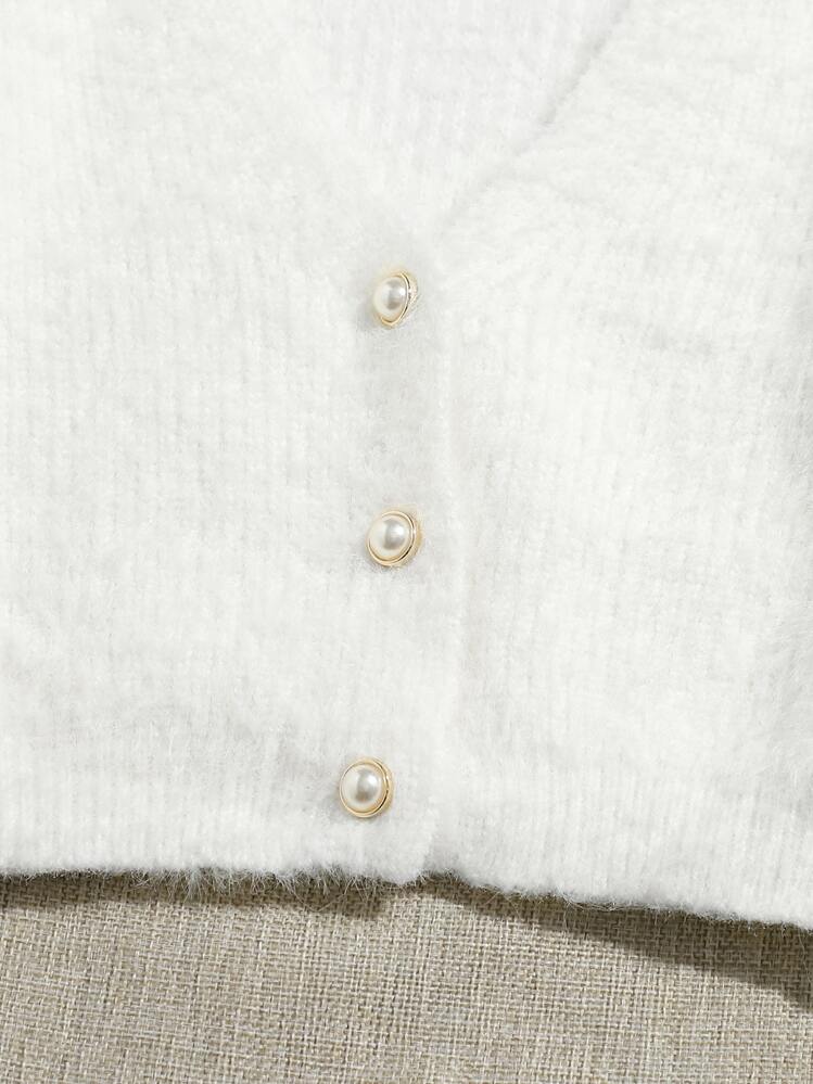 SHEIN Unity Faux Pearl Button Up Fuzzy Cardigan,Long Sleeve Tops Fall Winter Cloth For Women - White - View 4