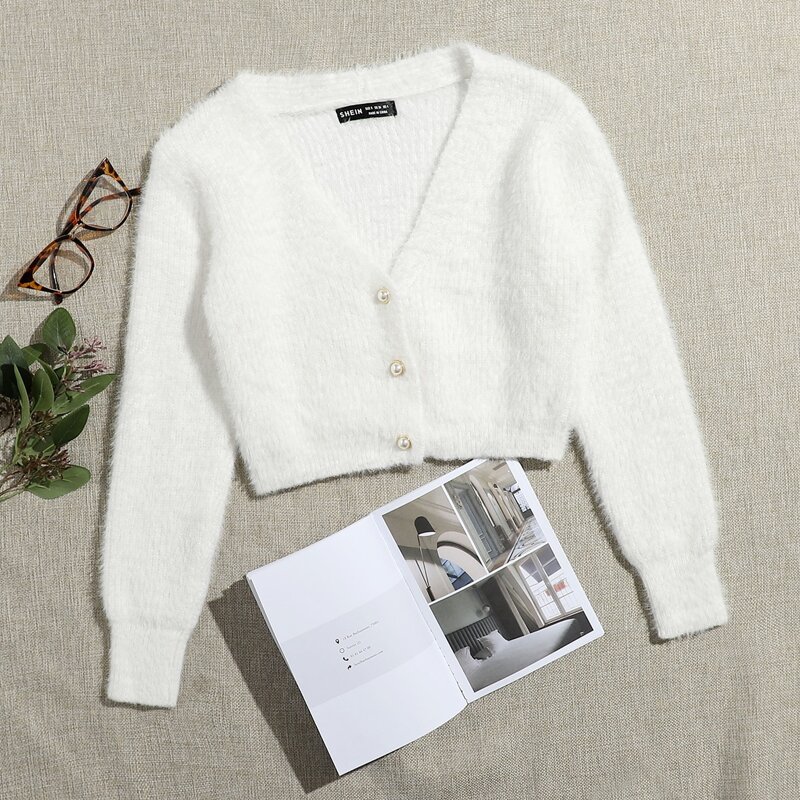 

Pearl Button Up Fuzzy Cardigan, White