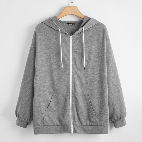 

Plus Solid Kangaroo Pocket Drawstring Zip-up Hoodie, Grey