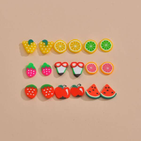

9pairs Fruit Shaped Stud Earrings, Multicolor