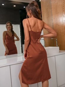 D&M Satin V-Neck Backless Side Slit Cami Dress, Suitable For Dates, Minimalist Fashion Casual Versatile Women Clothing.Thanksgiving .Christmas .New Year Holiday