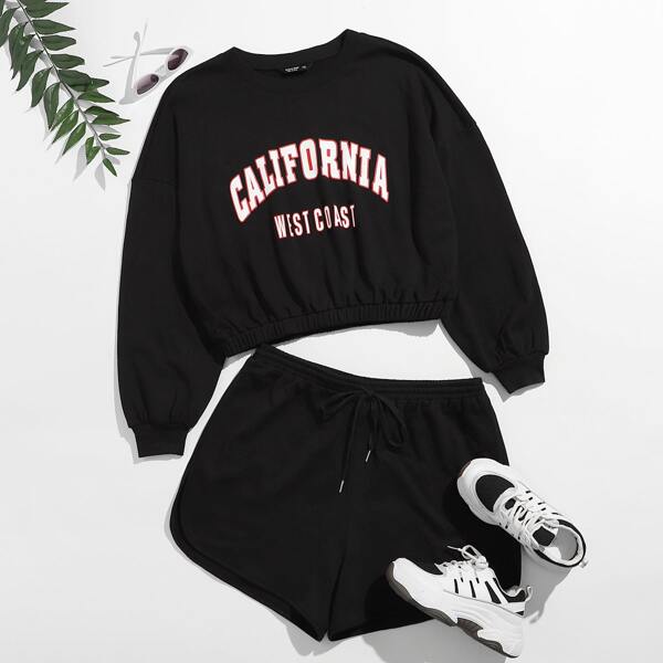 

Plus Drop Shoulder Letter Graphic Pullover & Track Shorts Set, Black