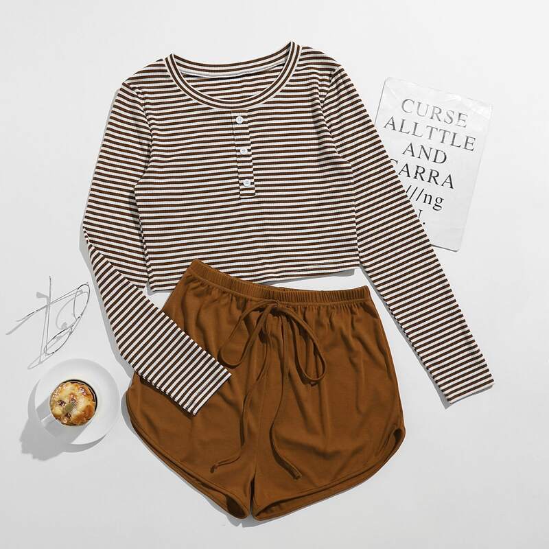 

Stripe Button Front Tee Lounge Set, Multicolor