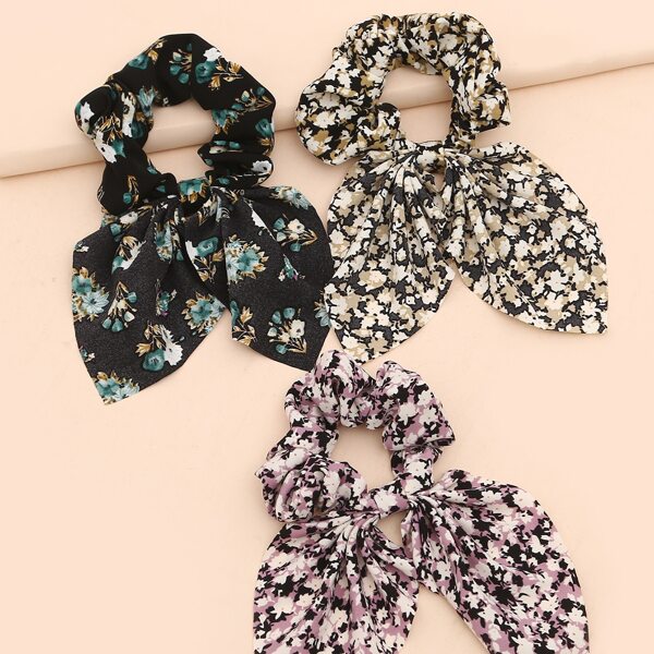 

3pcs Flower Print Knot Scrunchies, Multicolor