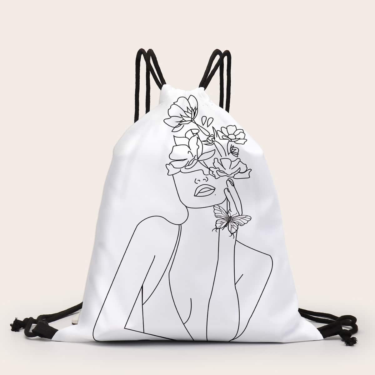 

Figure Graphic Drawstring Backpack, White