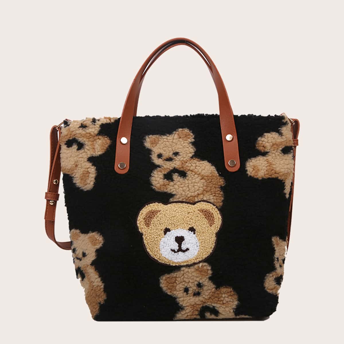 

Cartoon Bear Pattern Fluffy Tote Bag, Black