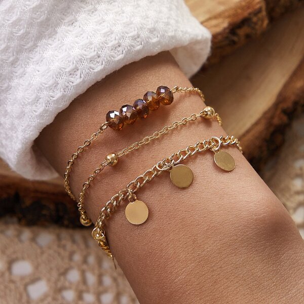 

3pcs Disc Charm Chain Bracelet, Gold