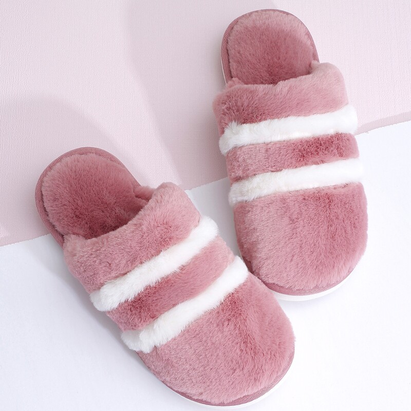 

Round Toe Striped Fluffy Slippers, Red
