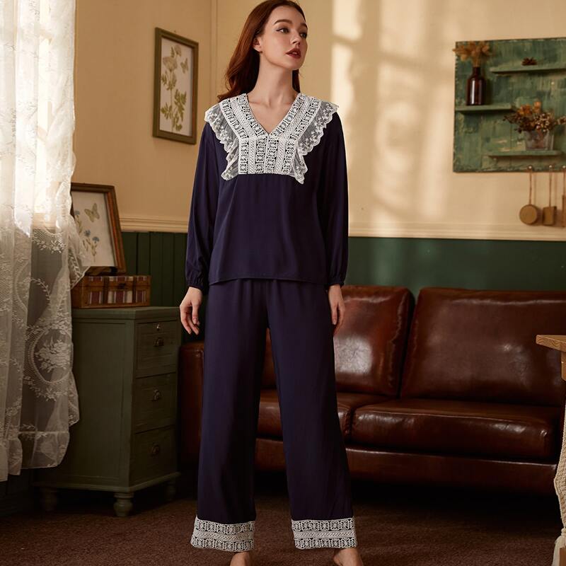 

V-neck Lace Panel Pajama Set, Navy blue
