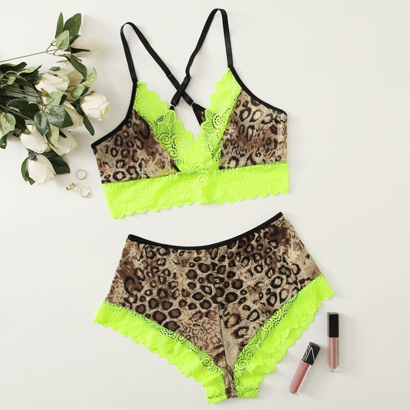 

Leopard Lace Trim Lingerie Set, Multicolor