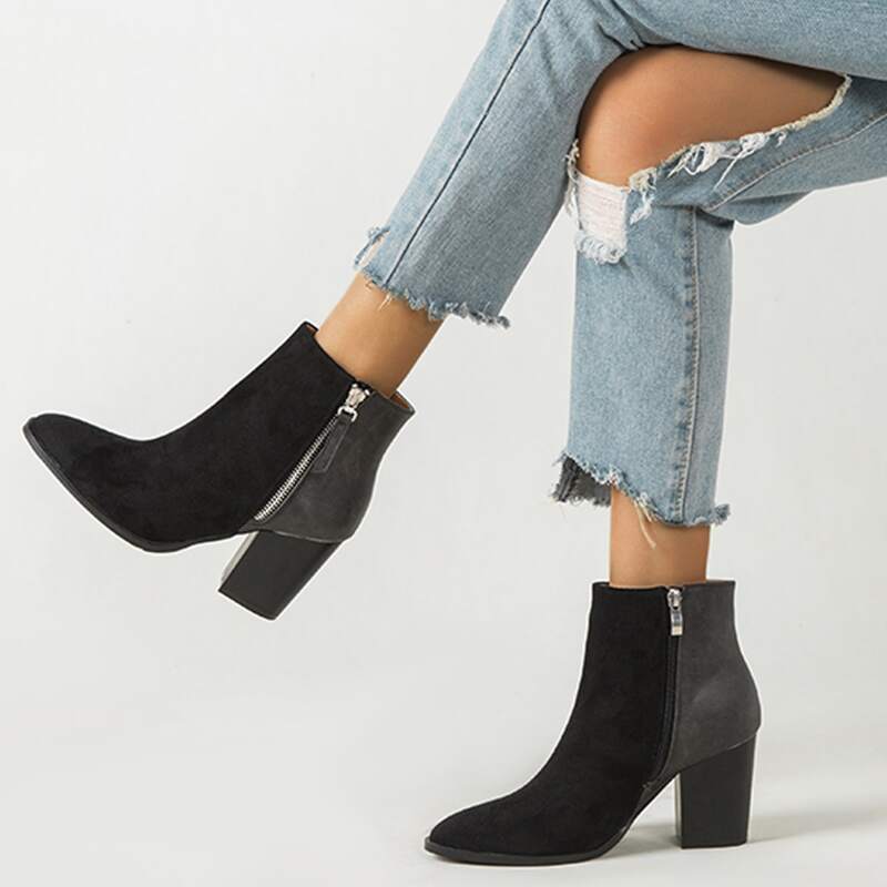 

Point Toe Side Zipper Chunky Heeled Boots, Black