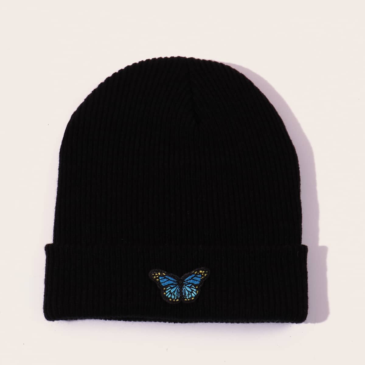 

Butterfly Embroidery Cuffed Beanie, Black