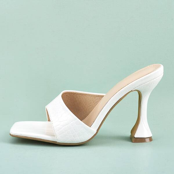 

Open Toe Croc Embossed Spool Heeled Mules, White