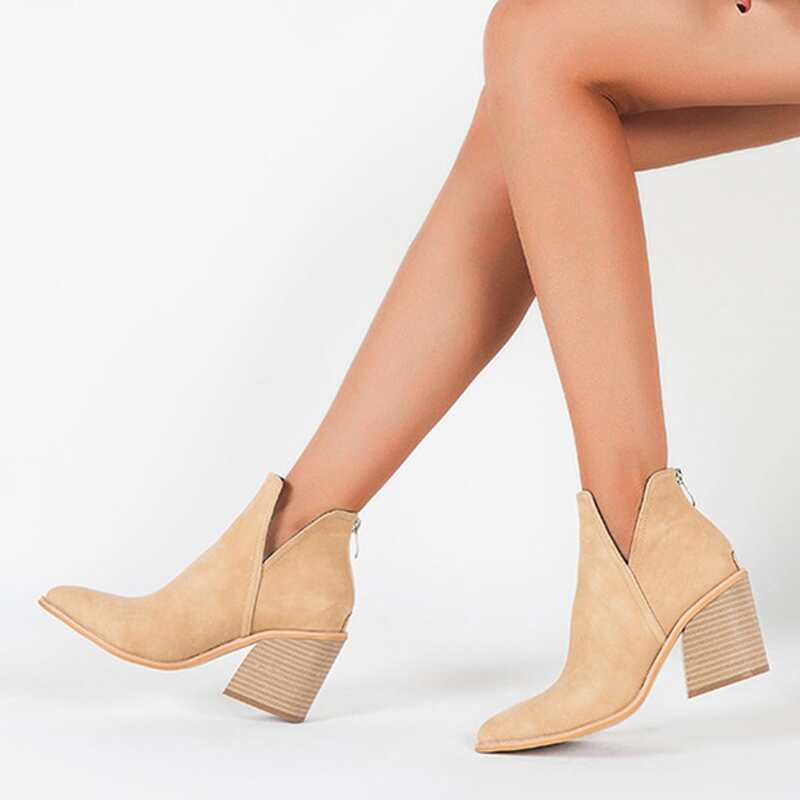 

Minimalist Cut Out Chunky Heeled Boots, Apricot