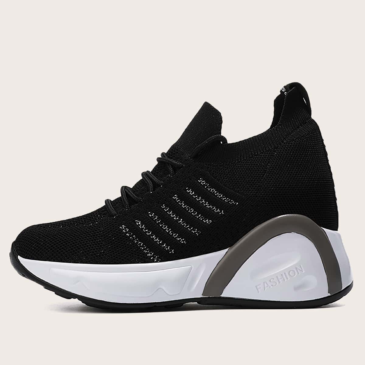 

Lace Up Decor Knit Chunky Sneakers, Black
