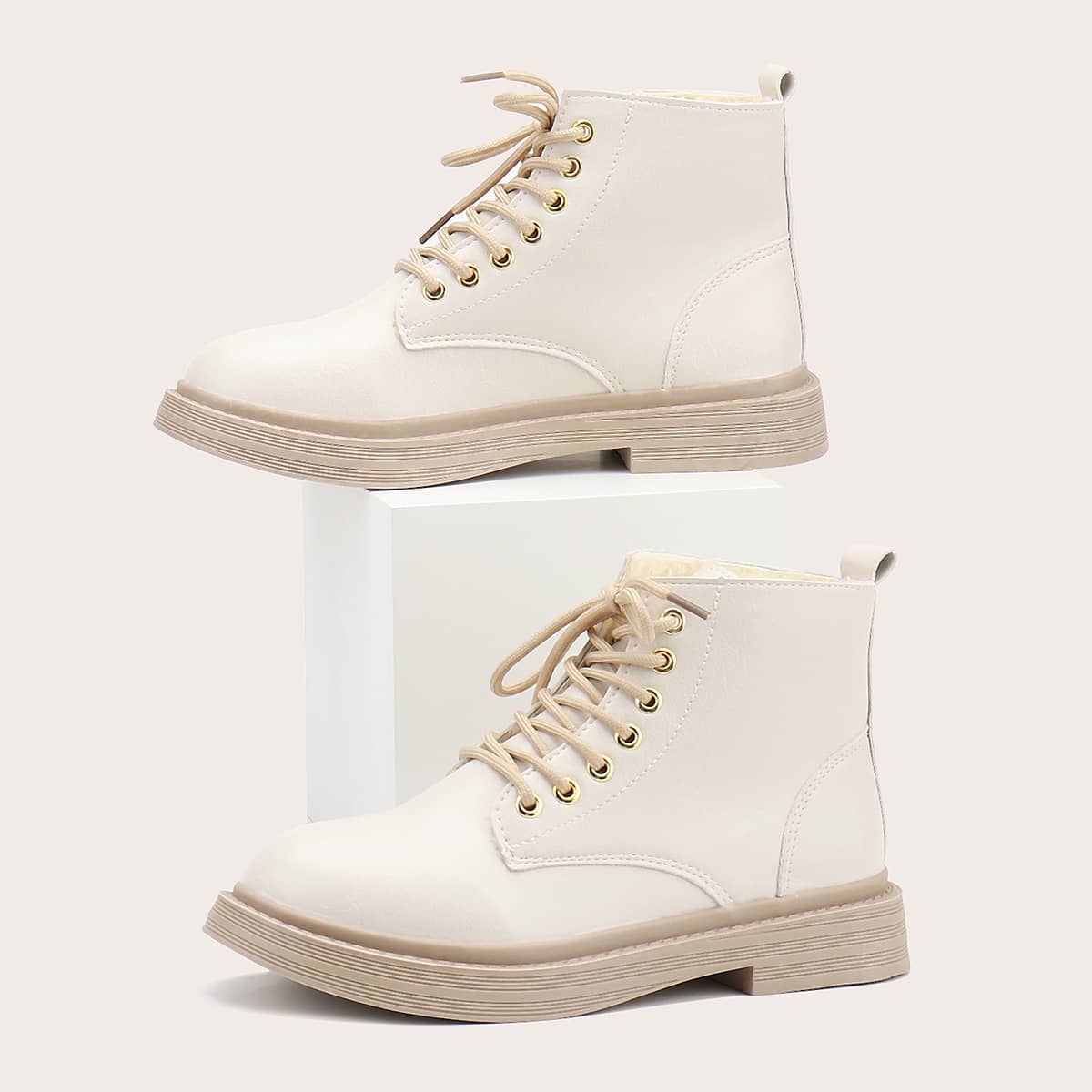 

Minimalist Round Toe Combat Boots, Beige