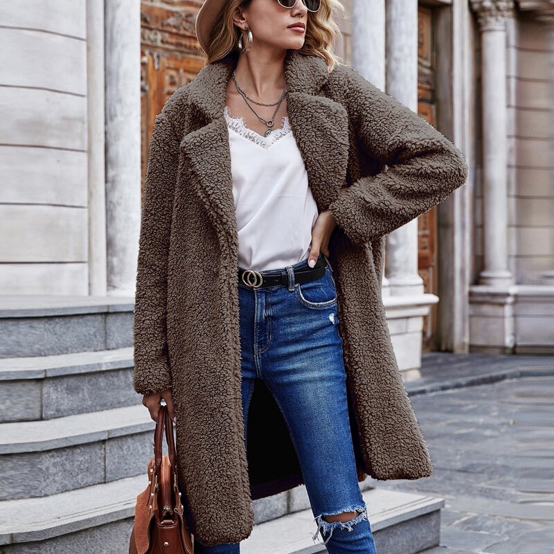 

Lapel Collar Solid Open Front Teddy Coat, Mocha brown