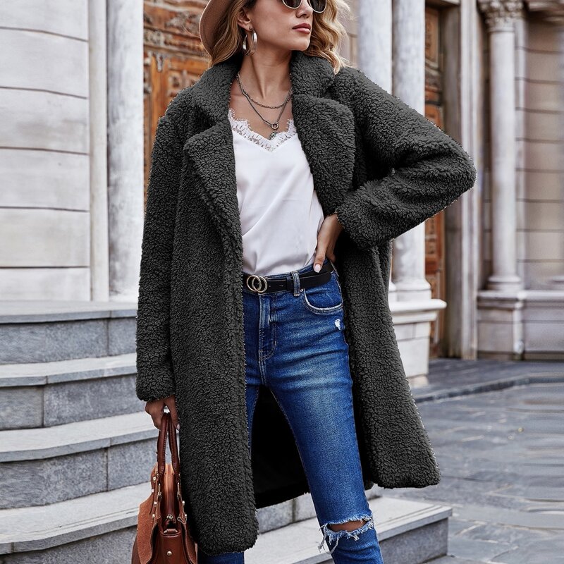 

Lapel Collar Solid Open Front Teddy Coat, Black