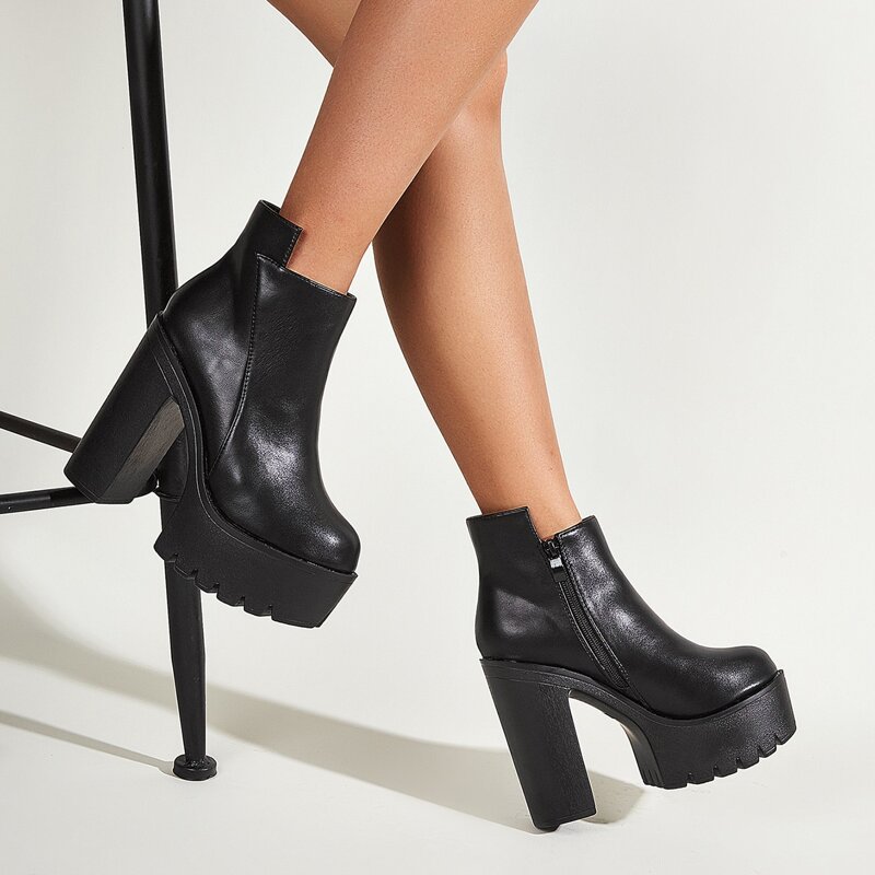

Minimalist Side Zipper Platform Chunky Boots, Black