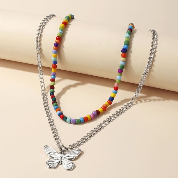 

2pcs Butterfly Charm Beaded Necklace, Silver