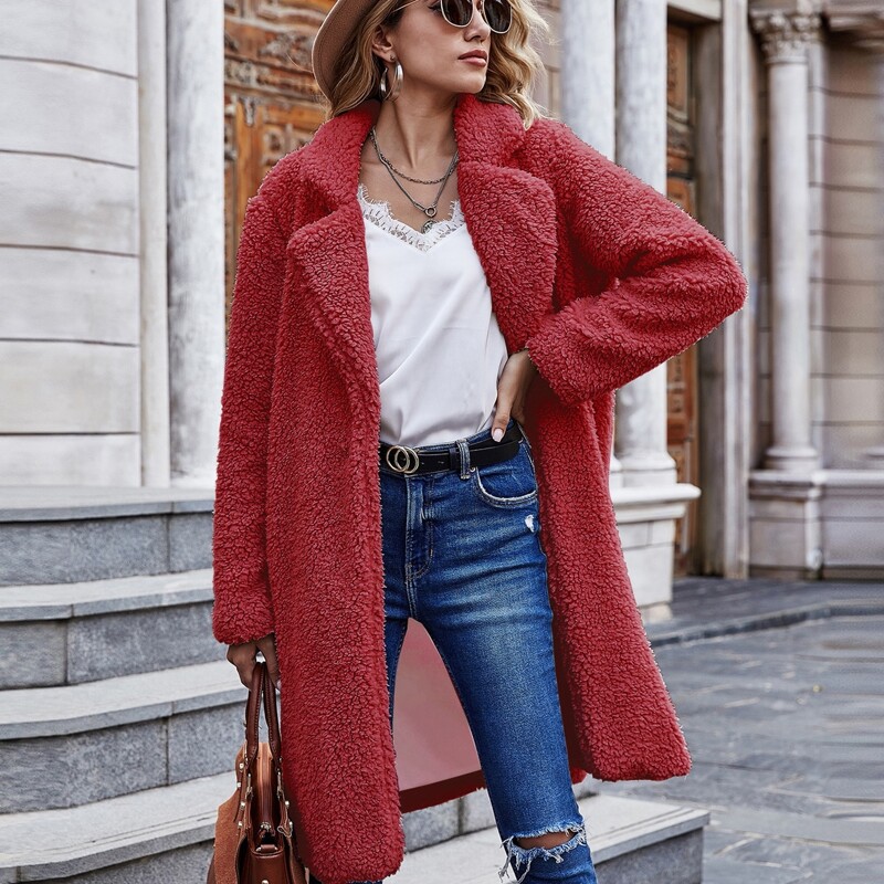 

Lapel Collar Solid Open Front Teddy Coat, Burgundy