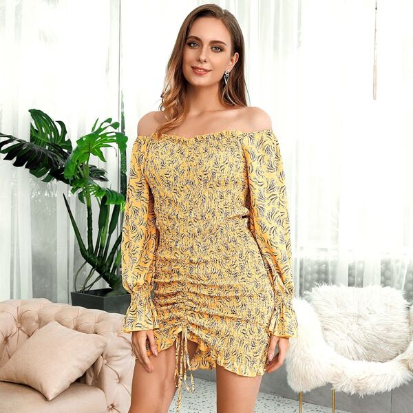 

HouseOfChic Drawstring Knot Shirred Ditsy Floral Dress, Yellow