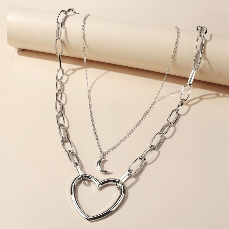 2pcs Moon & Heart Charm Necklace, Silver