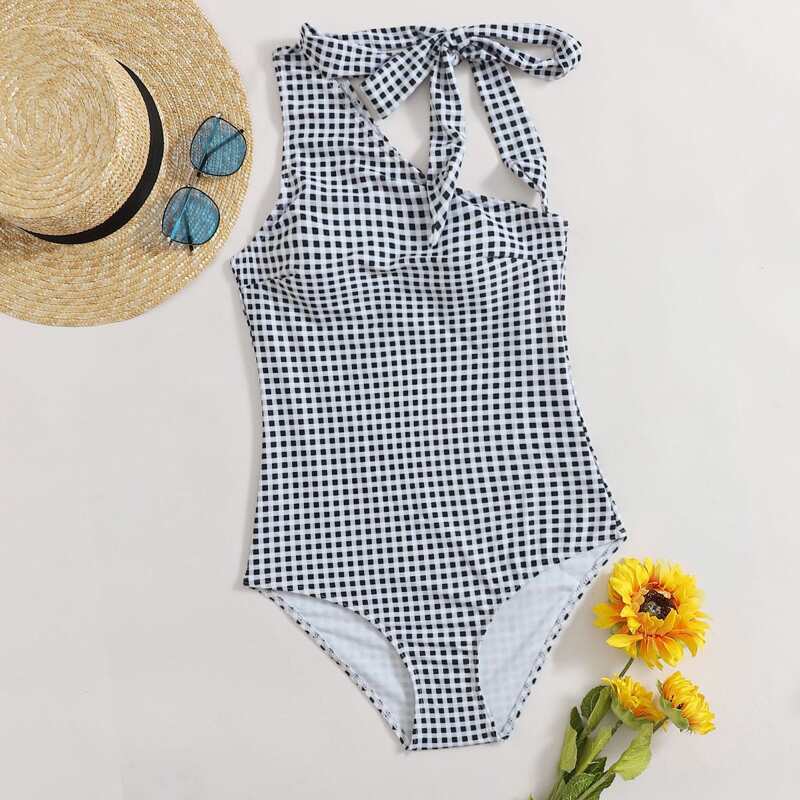 

Gingham Tie Neck One Piece Swimsuit, Black and white