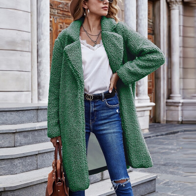 

Lapel Collar Solid Open Front Teddy Coat, Green