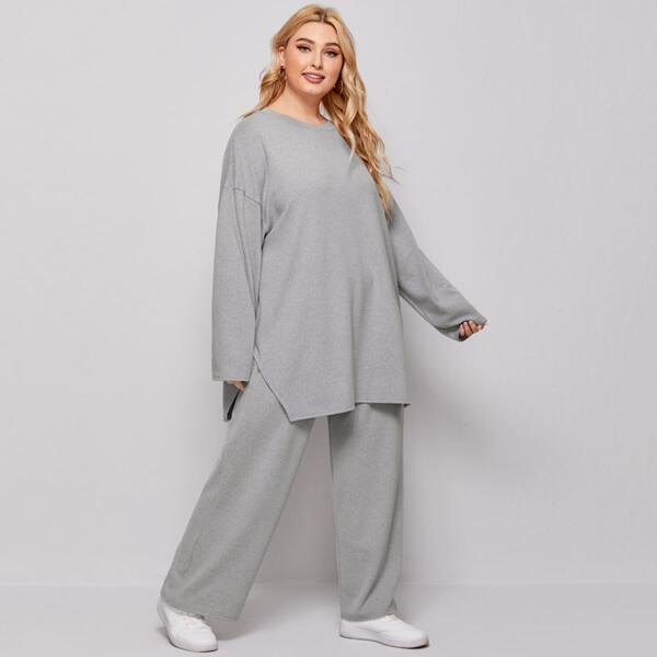 

Plus Solid Slit Hem Longline Tee & Pants, Grey