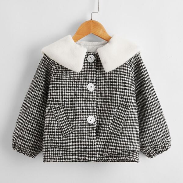 

Toddler Girls Houndstooth Contrast Faux Fur Collar Overcoat, Black and white