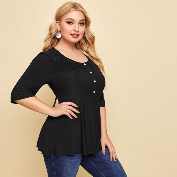 

Plus Shirred Detail Ruffle Hem Tee, Black