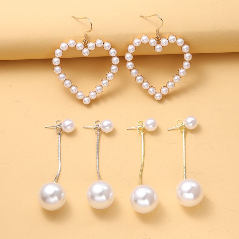 

3pairs Faux Pearl Heart Earrings, White