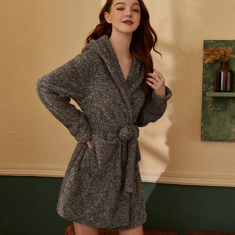 

Pocket Front Belted Hooded Teddy Robe, Black
