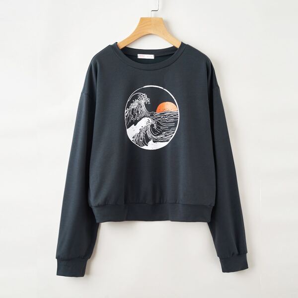 

Plus Great Wave Print Drop Shoulder Sweatshirt, Dark grey