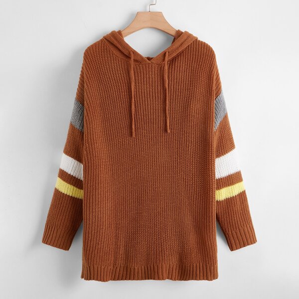 

Plus Color Block Drawstring Hooded Sweater, Rust brown