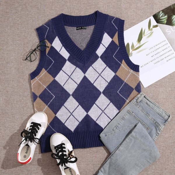 

Argyle Pattern V-neck Sweater Vest, Multicolor