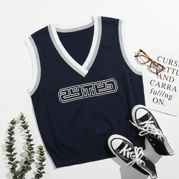 

Plus Striped Pattern Sweater Vest, Navy blue