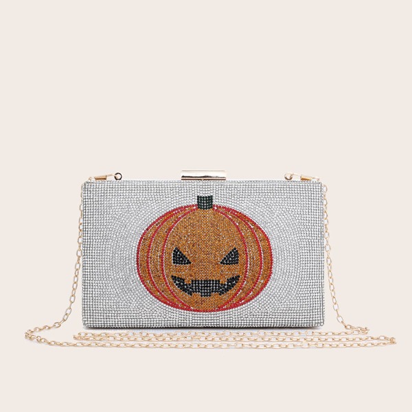 

Allover Rhinestone Decor Pumpkin Graphic Box Bag, Silver