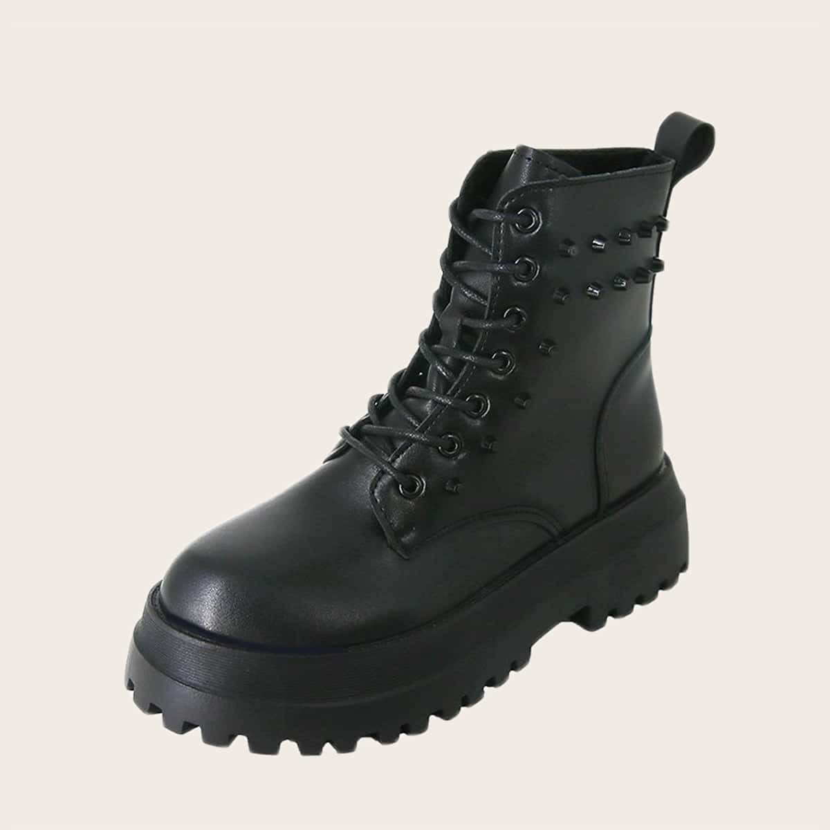 

Studded Decor Lace-up Front Combat Boots, Black