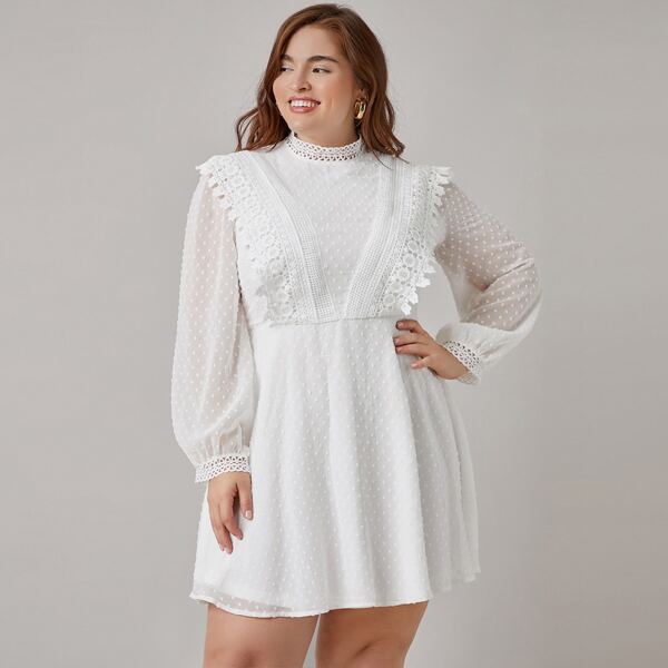 

Plus Guipure Lace Swiss Dot Dress, White