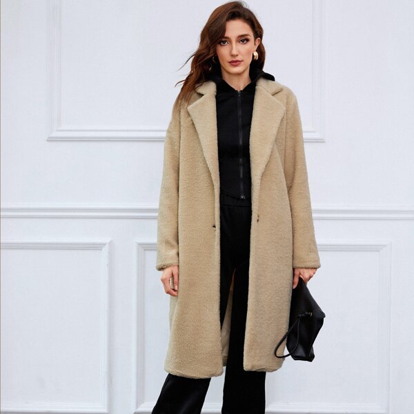 

Notched Collar Single Breasted Teddy Coat, Khaki